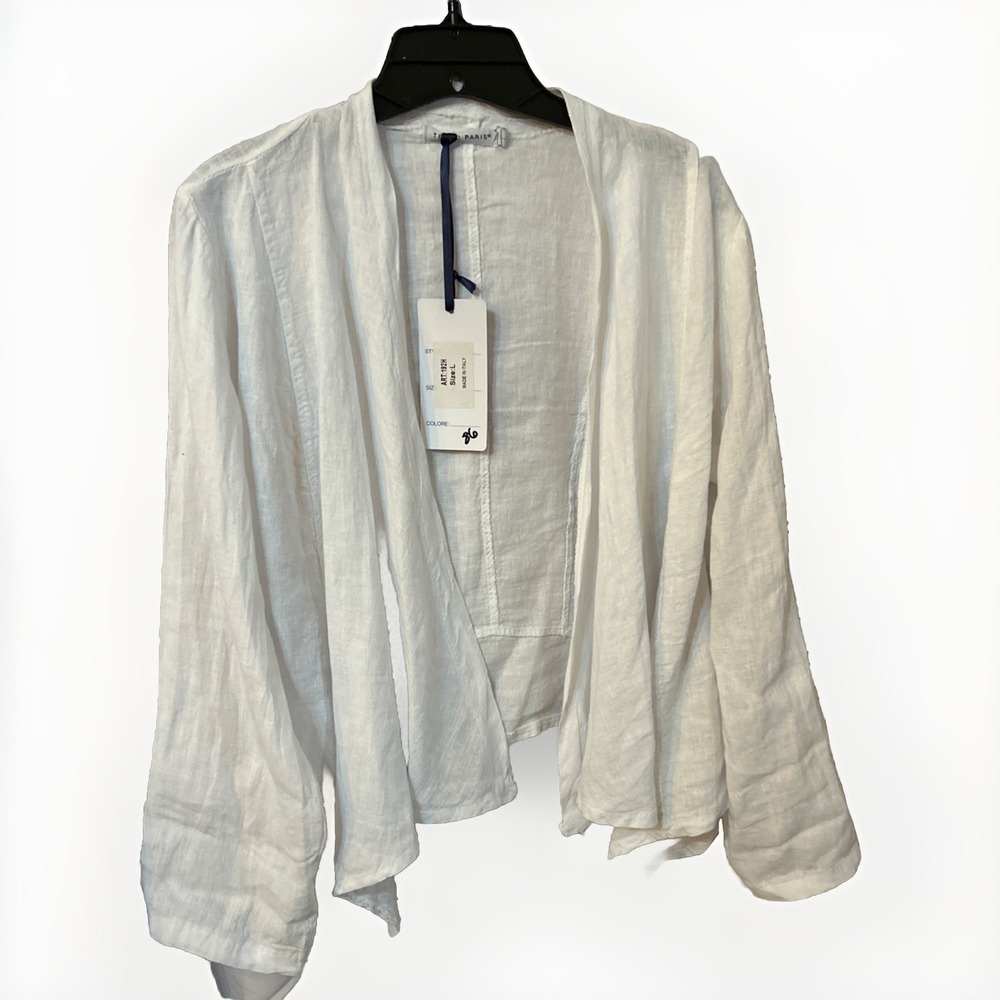 Tempo Paris White Linen Open Front Cardigan Long Sleeve Womens Large Made/Italy